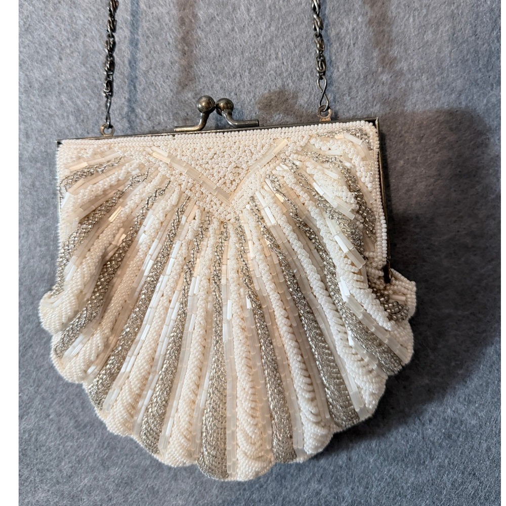 Vintage Beaded Shell Clutch Small White Silver Evening Bag Art Deco Mermaidcore